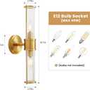 Brushed Gold Wall Sconces Set of 2, Modern Bathroom Vanity Light Fixture with Clear Glass Shades, Hardwired Brass Wall Mounted Lamp for Over Mirror, Hallway, Bedroom (E12 Bulbs Not Included), 2Pcs
