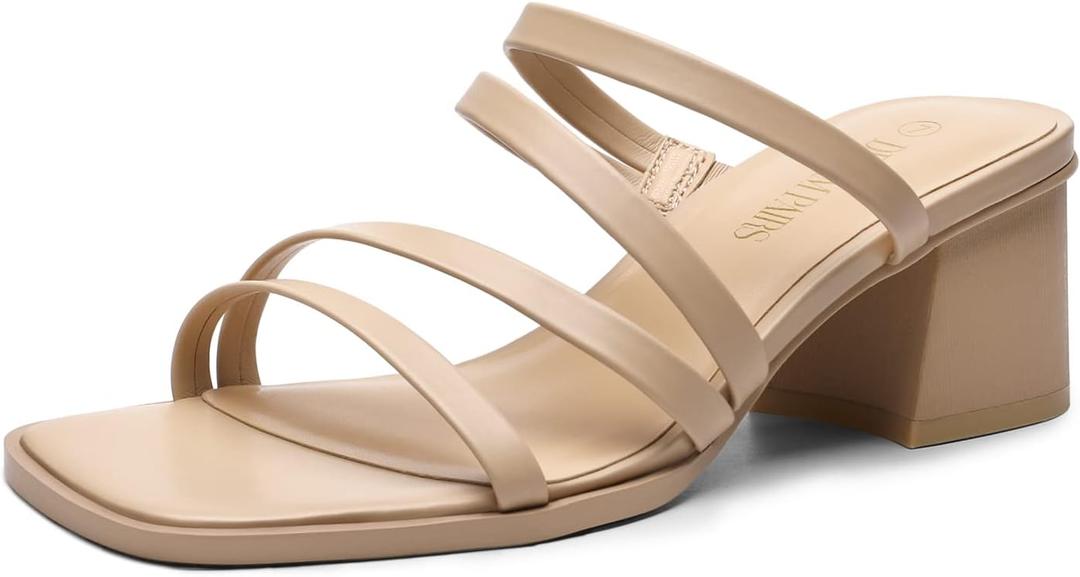 DREAM PAIRS Women's Strappy Heels Block Open Toe Low Heel Chunky Mules Sandals Dress Shoes (9, Nude)