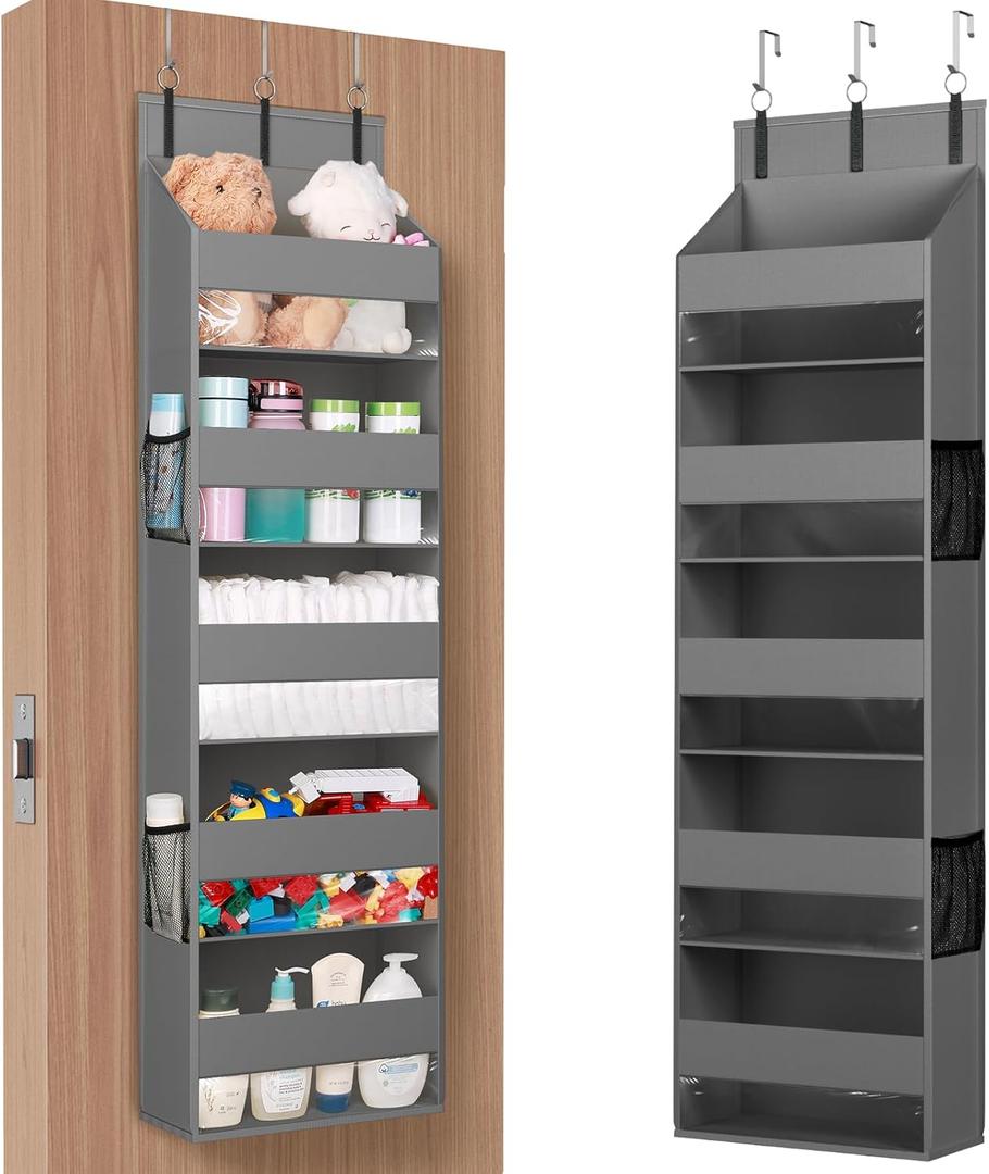 Lifewit 1 Pack Over the Door Organizer, 5 Shelf Clear Window Hanging Storage with 4 Mesh Side Pockets, Anti Tilt 40 lbs Load Behind Door for Pantry, Nursery, Bathroom, Bedroom, Kitchen, Dorm, Grey (Gray)