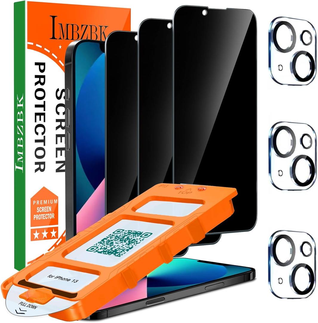 IMBZBK [Auto-Dust Removal] 3 Pack Privacy Screen Protector for iPhone 13 Anti Spy Private Accessories, Case Friendly Film, Military Grade Tempered Glass 3 Camera Lens Protector