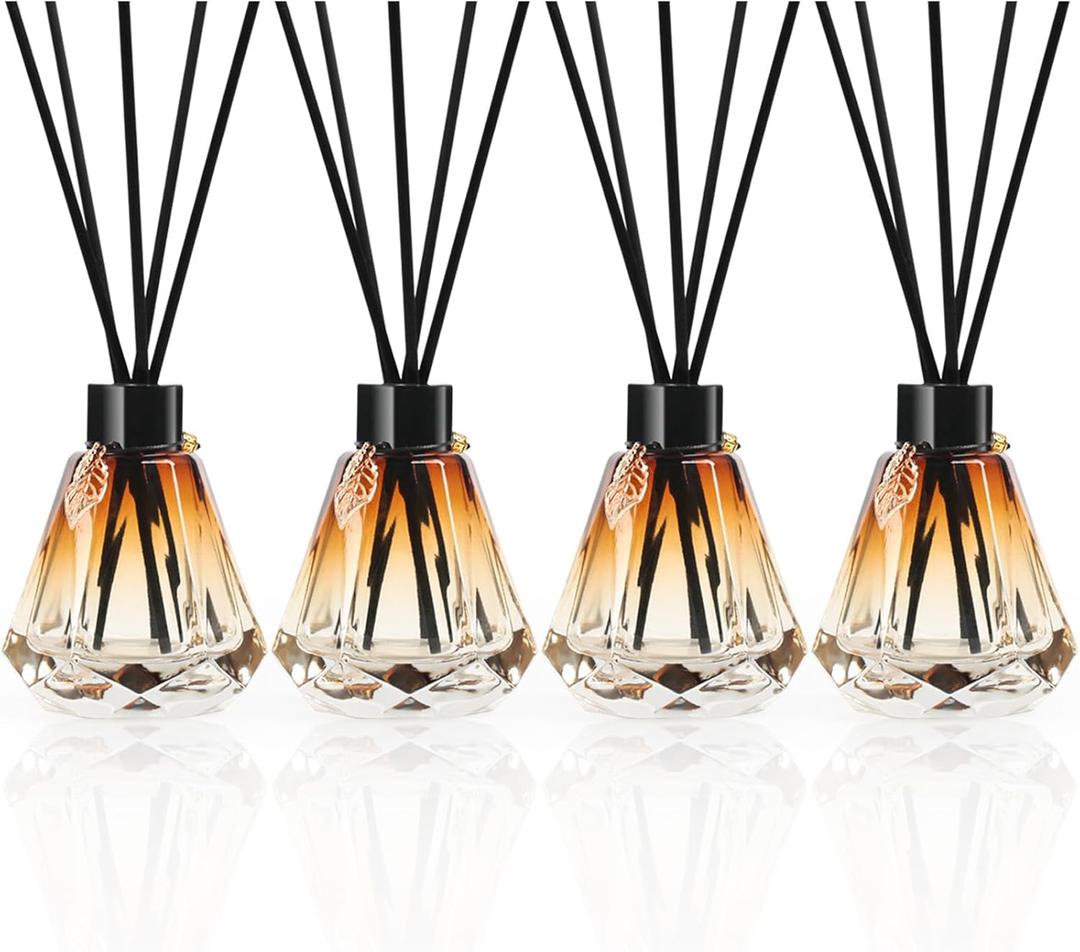 Reed Diffuser Set - 4 Empty Bottles with 20 Sticks, Delicate Gold Leaf Decor, Glass Fragrance Diffuser with Lids for Home, Bathroom | Refillable, Diamond Style (4 PCS Black)