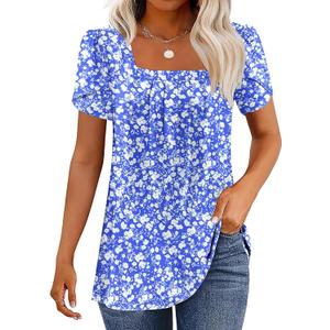 WNEEDU Womens T Shirts Casual Petal Short Sleeve Blouses Square Neck Summer Tops 2026 Pleated Tunic Loose Fit (Medium, Floral Blue White)