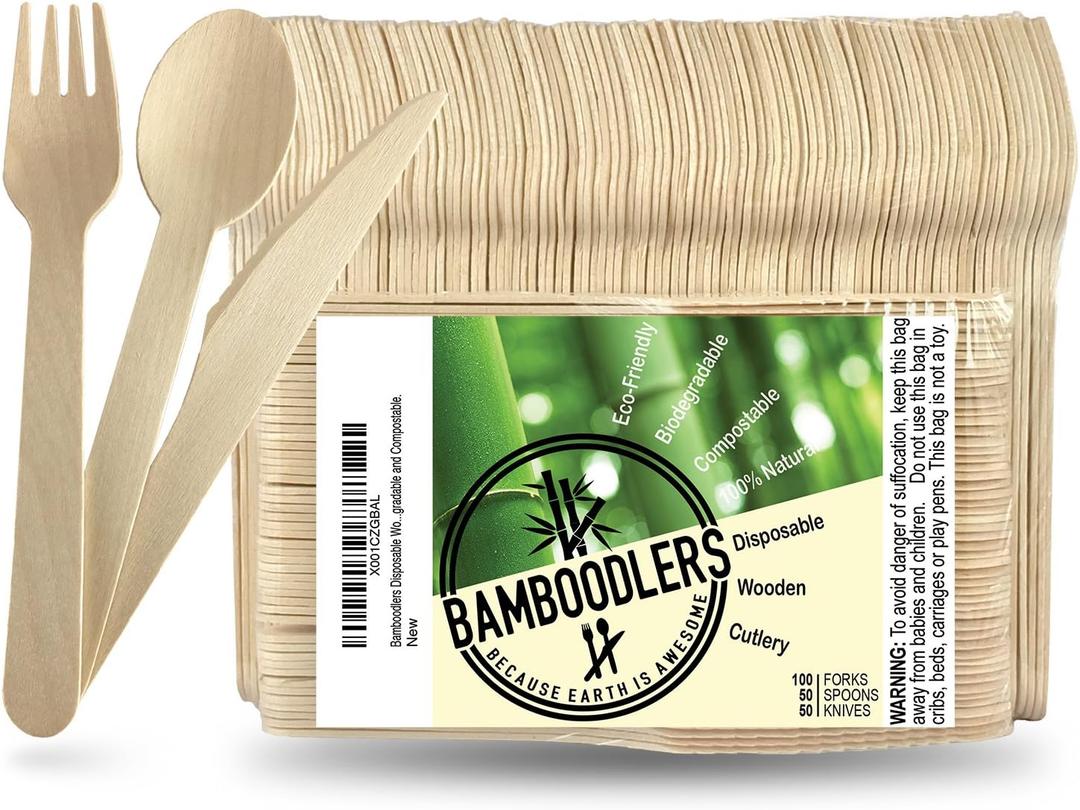 Disposable Wooden Cutlery Set | 100% All-Natural, Eco-Friendly, Biodegradable, and Compostable - Because Earth is Awesome! Pack of 200-6.5 utensils (100 forks, 50 spoons, 50 knives)