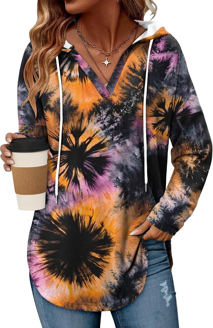Angerella Womens Fashion Hoodies Pullover Oversized Sweatshirt Long SLeeve Drawstring Hooded Fall Shirts Loose Fit (X-Large, E Tie Dye Orange)