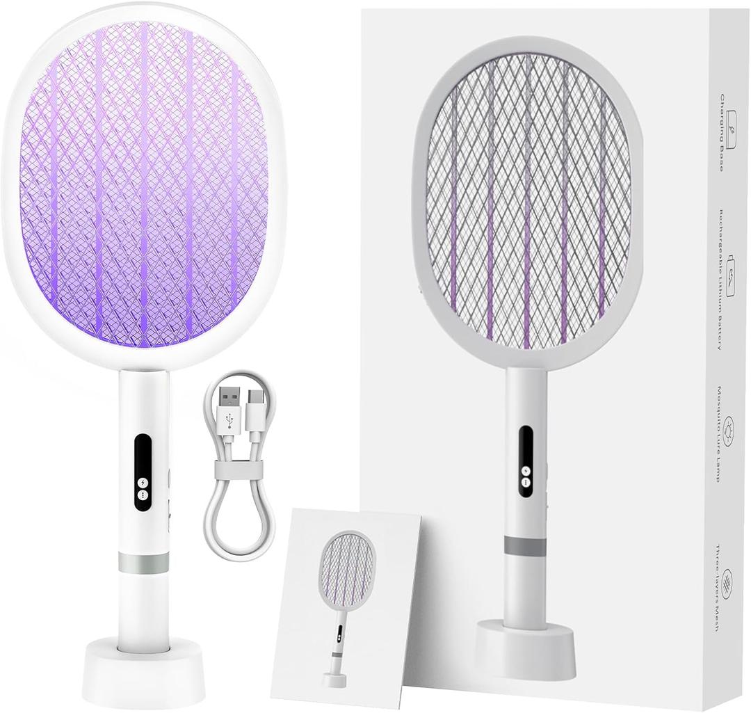 Electric Fly Swatter Racket, Upgraded 4000V Detachable Electric Bug Zapper with Dual Modes, Mosquito Zapper Racket with Type-C Rechargeable Base, Fly Killer for Indoor Outdoor, 1 Pack