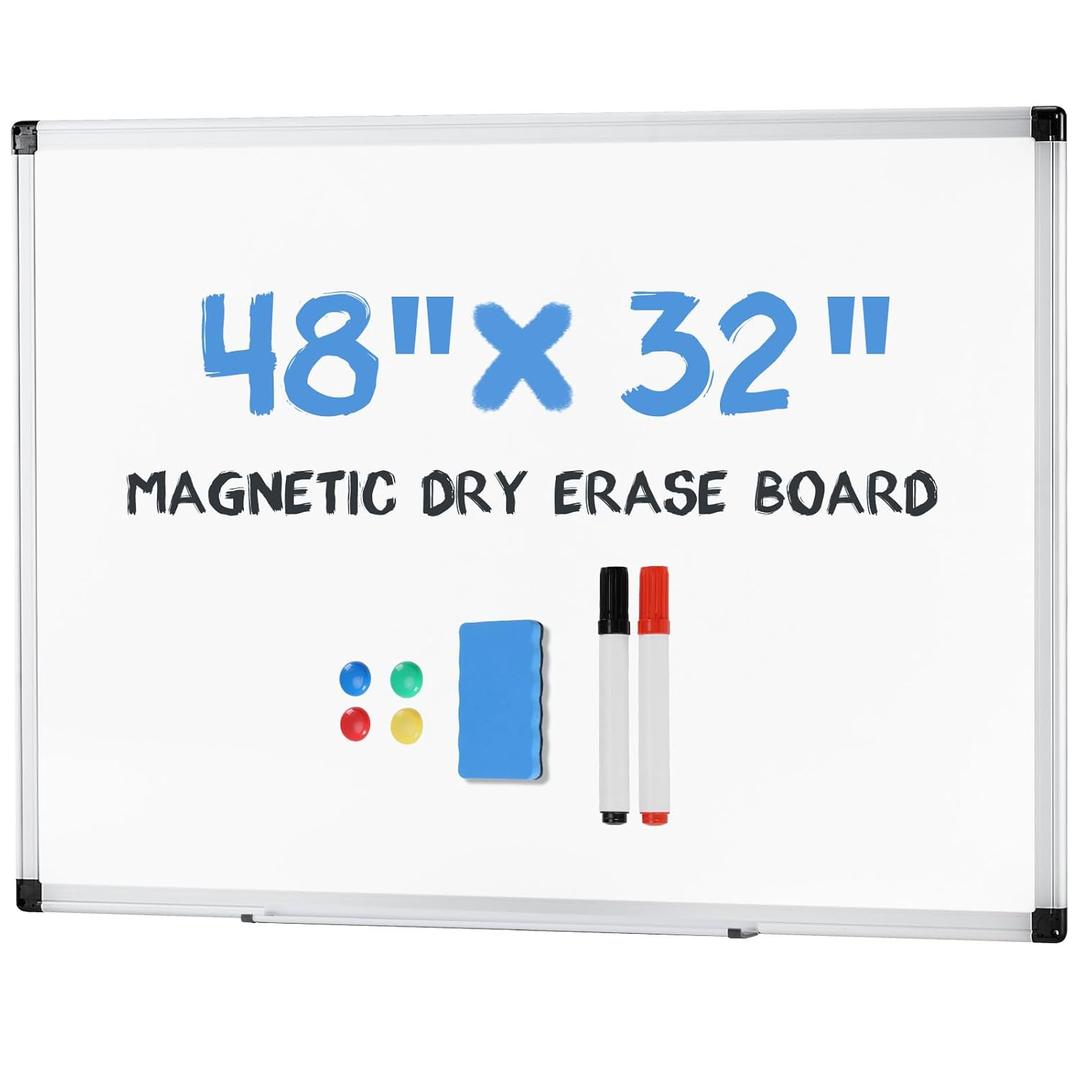 OLIXIS Magnetic White Board, Dry Erase Board for Wall 32" x 48", Whiteboard with 1 Dry Eraser & 2 Multicolor Markers & 4 Magnetic Pins, Aluminum Frame for Home, School, Office, White