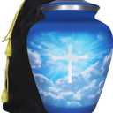 M MEILINXU Cremation Urns for Human Ashes Adult Man or Women, Funeral Urn for Ashes Adult Male or Female, Blue Sky and White Clouds, Religious Cross Decorative Urn, Burial, Christian Crosses - Large