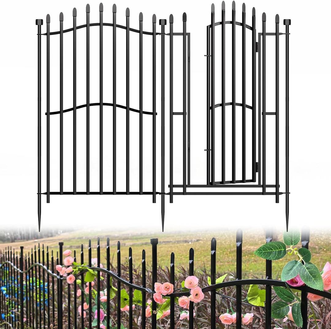 10 Panels No Dig Decorative Garden Fence with Gate - 40in H x 22.5ft L, Duty Square-Tall Heavy Duty Square Tube Animal Barrier, Rustproof Dog Fence for Outdoor Yard & Patio Protection