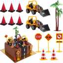 BBTO 14 Pcs Construction Party Decoration Supplies Set Include 6 Count Cone Shaped Molded Candles, 2 Construction Truck Decors, 1 Palm Tree with Coconut and 5 Barricade Set for Birthday Cake Toppers