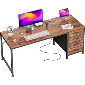 PRAISUN 55.1 Inch Computer Office Desk with Power Outelts and USB-C Port, Reversible Gaming Desk with 4 Fabric Drawers, Work Study Desk Work from Home, Rustic Brown