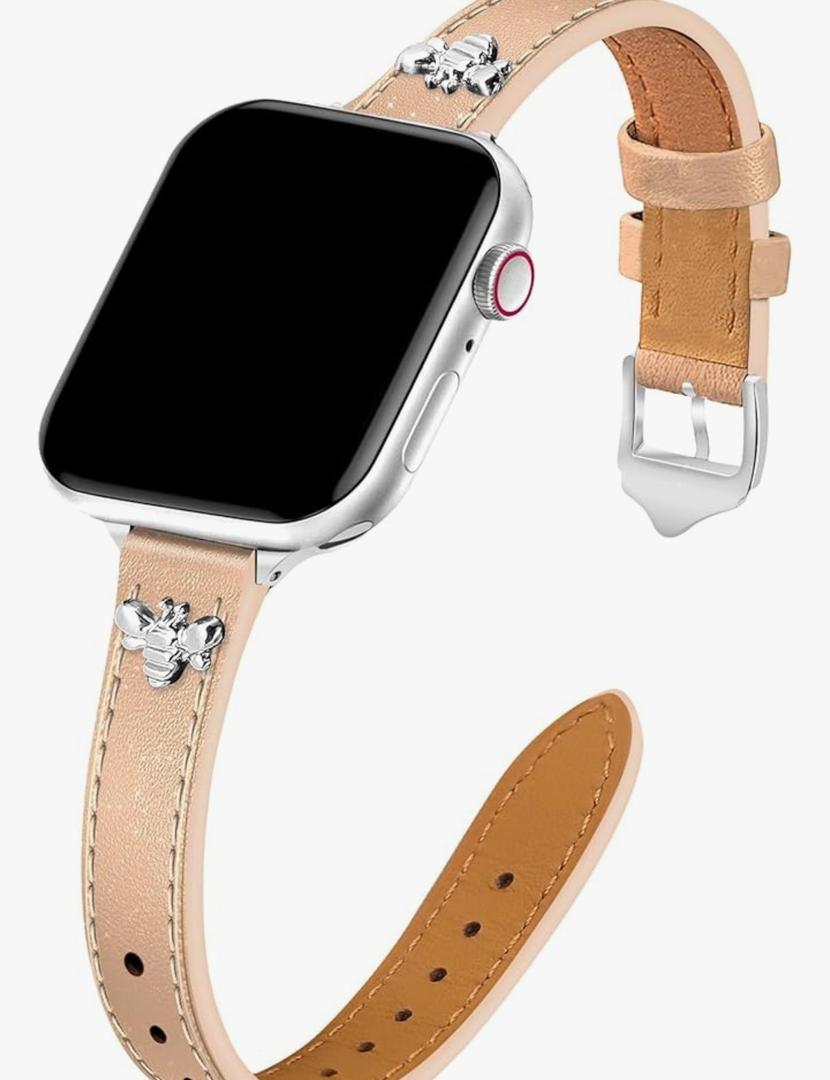 JR.DM Slim Leather Bands Compatible with Apple Watch Band 38mm 40mm 41mm 42mm 44mm 45mm 46mm 49mm, Genuine Leather Band with Charms, Feminine Design for Iwatch Ultra SE Series 11 10 9 8 7 6 5 4 3 2 1 (A Brown & Gold with Bee)