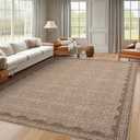 Scalloped Washable Rug 9x12 Area Rugs for Living Room, Solid Tan Rug for Bedroom Girls, Non Slip Throw Mat with Rubber Back, Soft Dorm Nursery 9x12 Carpet for Dining Room
