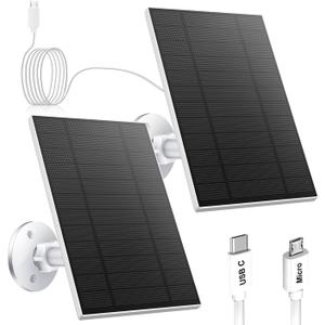 2PC 5W Solar Panel for Security Camera, Solar Panel with Micro USB & USB-C Port for DC 5V Outdoor Rechargeable Battery Camera, IP65 Waterproof, 360 Adjustable Security Mount, 9.8ft Cable