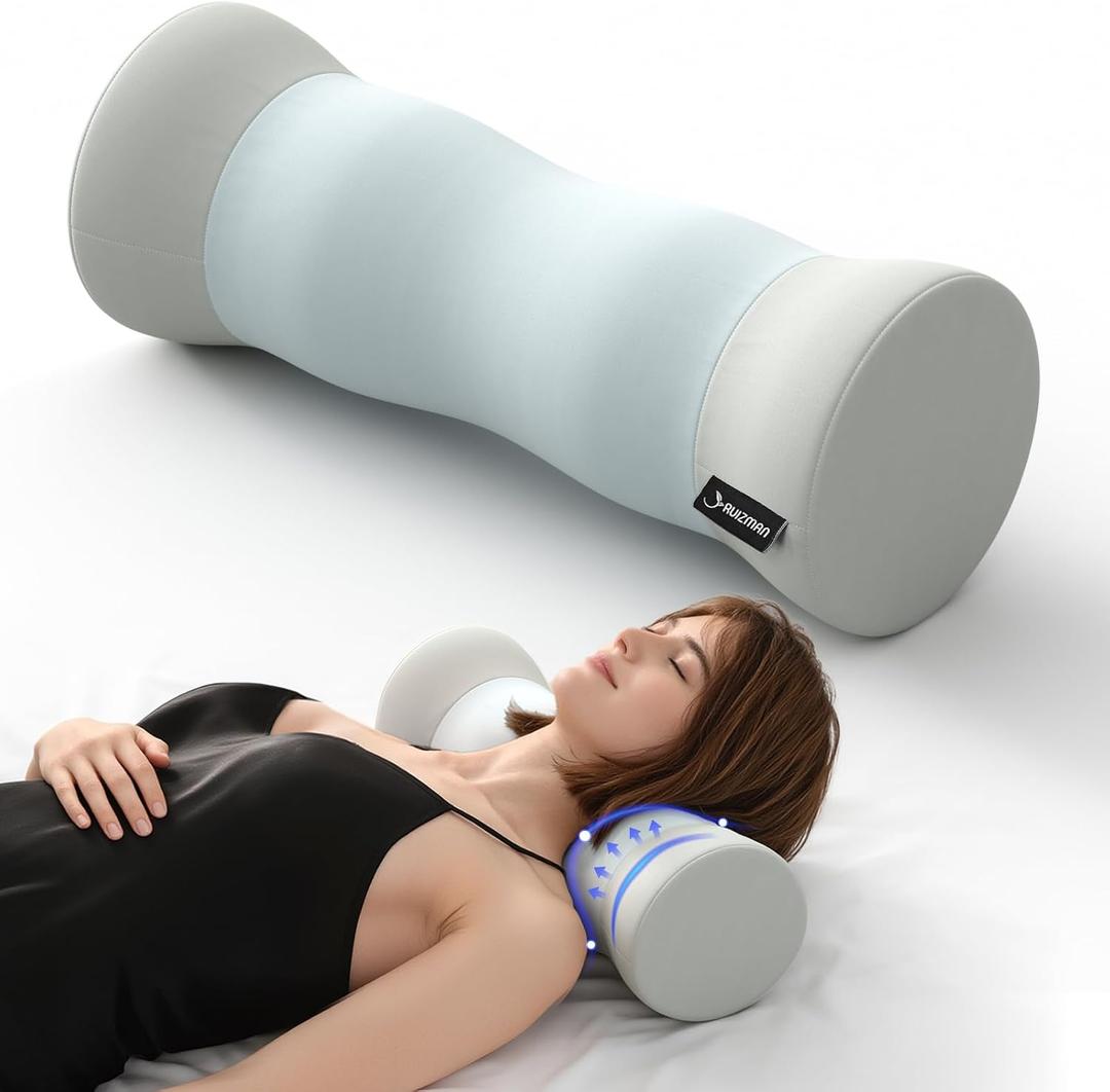Neck Roll Pillow - Memory Foam Round Neck Pillow - Ergonomic Cervical Roll Pillow, Breathable & Removable Cover - Multi-Use Bolster Pillow for Neck, Leg, Back, Yoga (Blue Grey), Large