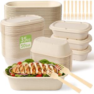 50-Pack 35oz Disposable Meal Prep Containers with Lids, Sugarcane Pulp Compostable Food Containers + 50 Bamboo Forks, To-Go Food Containers, Microwave & Freezer Safe for Hot or Cold Foods