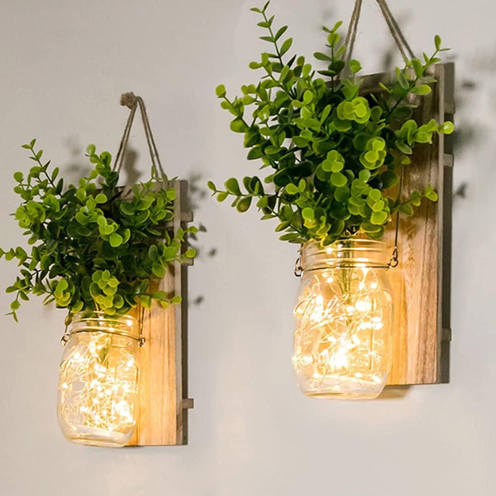 Rustic Wall Sconces, Mason Jar Sconces, Farmhouse Home Decor, LED Fairy Lights, Green Fake Plant, Interior Decoration Warm Toned Lighting (2 Pack)