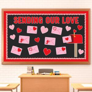 Whaline Valentine's Day Bulletin Board Decoration Love Letter Mailbox Red Pink Heart Envelope Cutouts Plaid Border Trim Valentine Heart Decorative Cutouts for School Classroom Party Decor