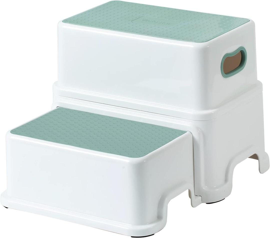 Victostar 2 Step Stool for Kids, Anti-Slip Sturdy Toddler Two Step Stool for Toilet Potty Training, Bathroom,Kitchen (Green-White)