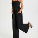 Fisoew Womens Summer Jumpsuits One Piece Casual Loose Overalls Spaghetti Strap Wide Leg Rompers with Pockets Workout Outfits (Black), S