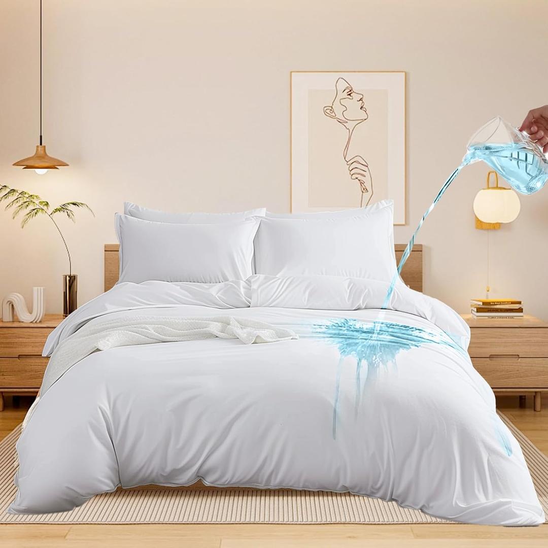 Chunlei Waterproof Duvet Cover Queen Size 3-Piece Set, 90x90 Inch Breathable Bedding Protector, Ultra Soft Comforter Cover with Zipper, Includes 2 Pillow Shams (Comforter Not Included), White