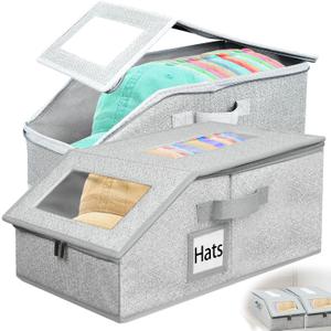 Stackable Hat Organizer for Baseball Caps  2 Pack Hat Storage Boxes for Closet, Holds Up to 30 Caps, Foldable Baseball Hat Organizer with Clear Windows, Dustproof Hat Box for Men & Women (Grey)