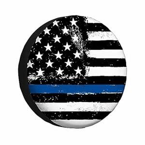 MIYASANG American Flag Tire Covers for Trailers Vintage Black Blue Thin Line Police Patriotism Glory RV Spare Tire Cover Weatherproof Universal Wheel Protectors Fit Camper Travel (17 inch)