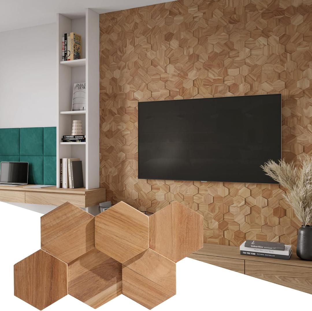Wall!Supply 3D Wall Panels Reclaimed Hexagon Asian Teak Wood in Natural Home Decor Wallpaper Alternative for Living Room, Bedroom & Office Easy DIY Installation 25 Pack, Covers 10.5 Sq Ft