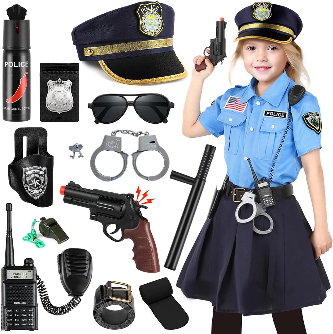 Police Officer Costume for Kids, Girls Police Costume for Kids, Halloween Costumes for Girl Kid 3-12, Cop Uniform for Girls, Cop Outfit for Party Dress Up (X-Small)