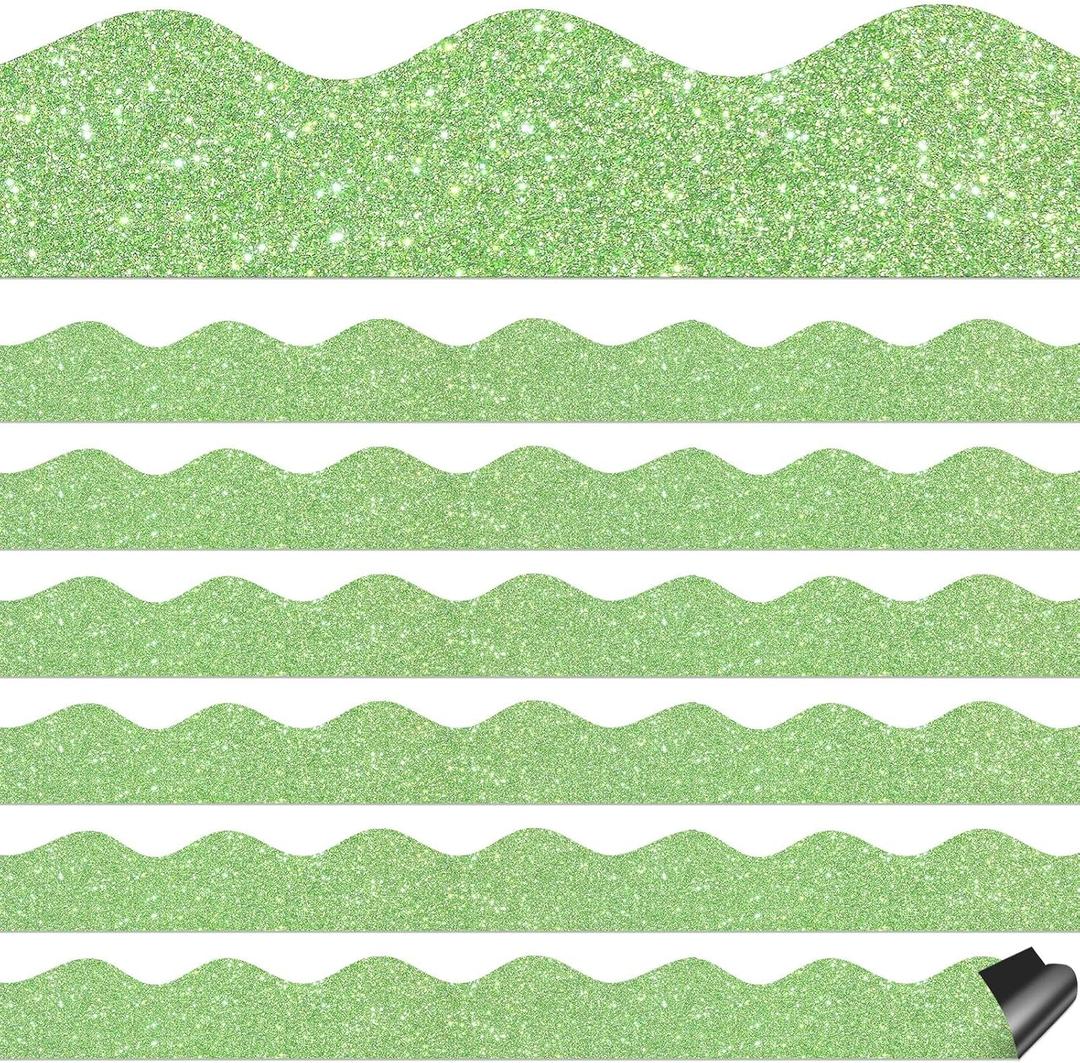 Qeeenar 24 Pcs Apple Green Glitter Magnetic Borders for Classroom Glitter Bulletin Board Borders Whiteboard Chalkboard Shine Strips Trim Scalloped School Bulletin Board Decorations