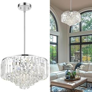 15'' Crystal Chandelier, 5-Tier Modern Chandelier with Polished Chrome Finish, Pendant Light for Dinning Room Kitchen Island Bedroom Entryway, CC4215-5W-PC