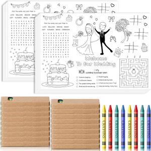 Pasimy 24 Set Wedding Activity for Kids Including 24 Pcs Wedding Coloring Placemats Books Sheets and 24 Pcs Coloring Crayons Individually Packaged for Reception Guest Party Favors, 15.7''x11''