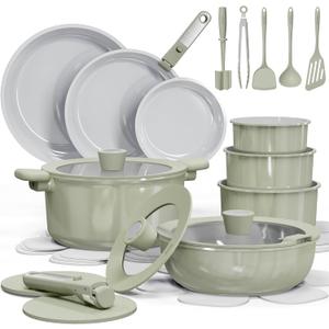CAROTE 27pcs Ceramic Cookware Set Nonstick, Pots and Pans Set Non stick, Non Toxic Cookware, Dishwasher/Oven Safe, RV/Camping Cookware Set, Pan and Pot with Kitchen Utensils, Green
