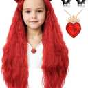 Kids Long Wavy Red Wig with Braided Hair Buns Wigs for Girls Cosplay Halloween Costume Party Including Necklace and Ear Clips (Kids)