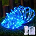 JMEXSUSS 100 LED Blue Battery Operated Rope Lights Outdoor Waterproof, 33ft 8 Modes Battery Christmas Light, Battery Powered String Lights with Remote for Trampoline Camping Canopy Tent Pool Decor
