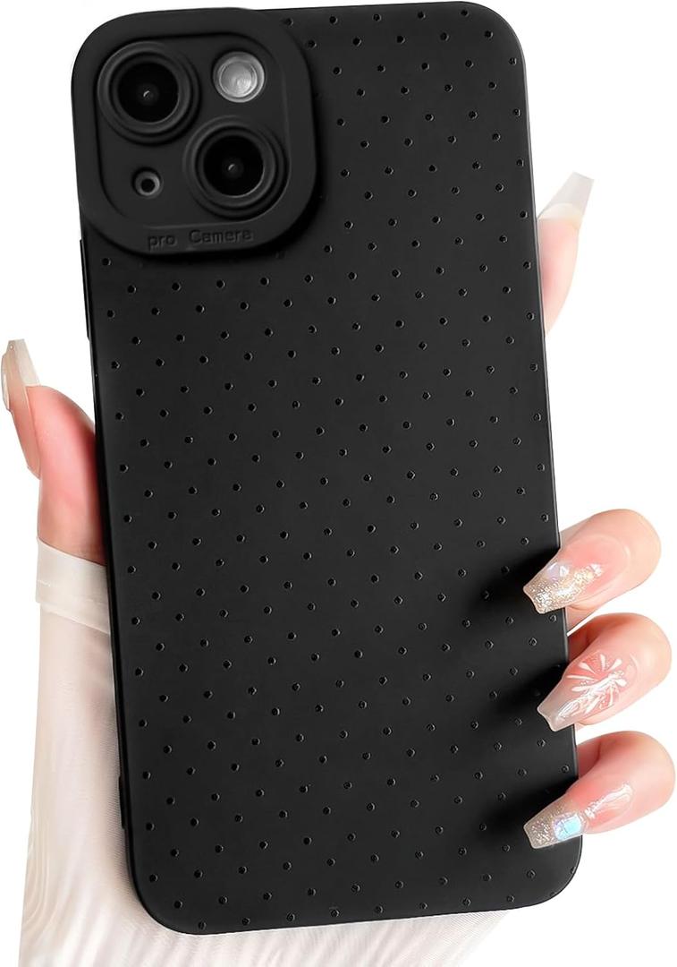 NITITOP Compatible with iPhone 15 Case Cute Aesthetic Little Polka Dots Pattern Design for Women Men Girls Soft TPU Shockproof Stylish Full Camera Protective Phone Cover - Black
