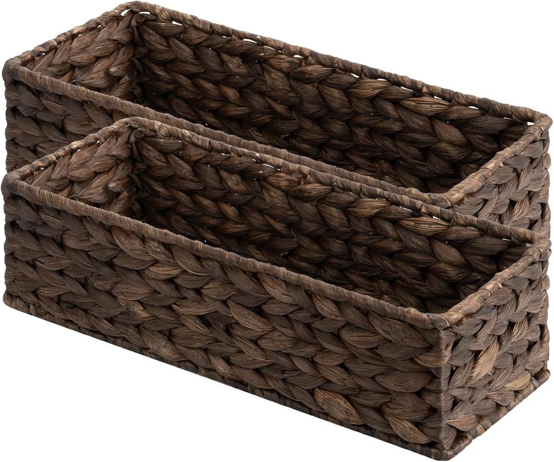 StorageWorks Brown Water Hyacinth Bathroom Basket Organizer and Storage for Tank Topper, Wicker Toilet Paper Basket for Back of Toilet Baskets, Small Narrow Tank Trays for Bathroom Decor, 2 Pack