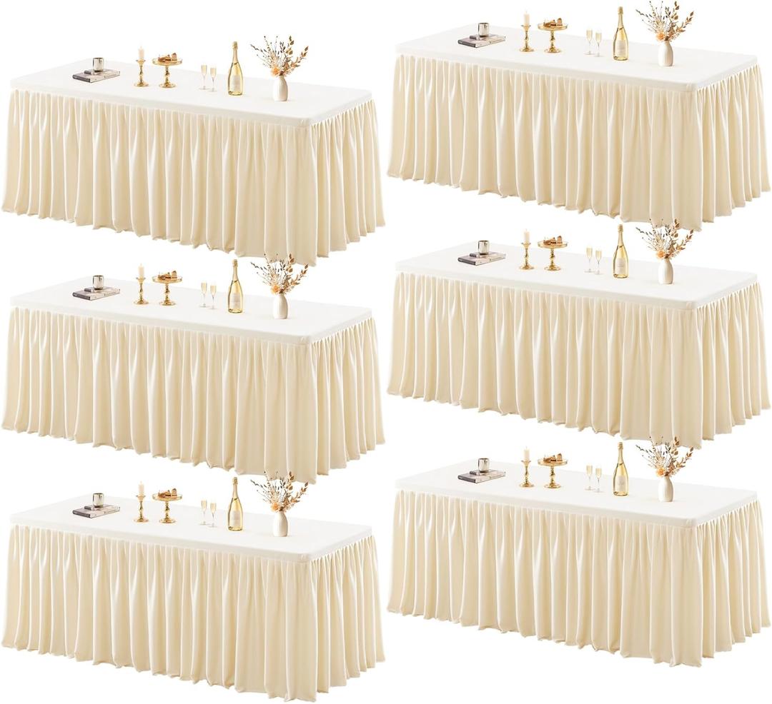 6 Pack Champagne Tablecloths for Rectangle Tables 6ft, Wrinkle Resistant Spandex Tablecover Fitted Stretch Table Cloth with Pleated Ruffle Table Skirts for Party Banquet Dining Birthday Wedding