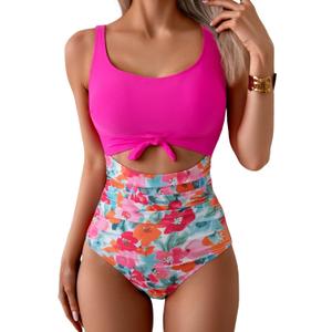 Eomenie Women's One Piece Swimsuit Tummy Control Slimming Bathing Suit Cutout Tie Knot Swimwear (Hot Pink Print), S