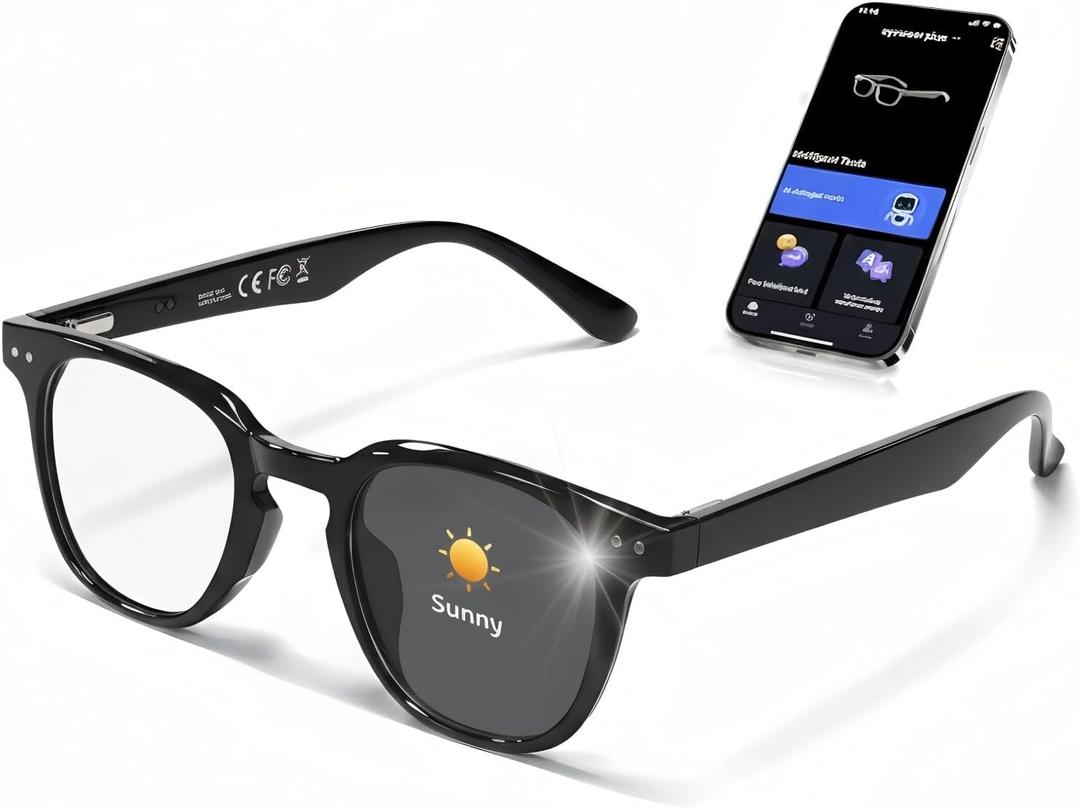 AI Smart 5.4 Bluetooth Glasses with Open Ear Speaker, Voice Assistant Compatible,Real-Time Translation,Auto Color-Changing Lenses for Business&Outdoor Activities.