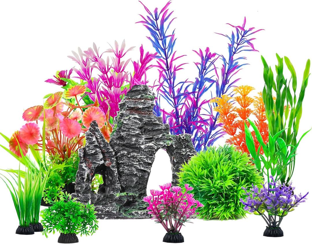 QUOZUO 13 Pcs Aquarium Artificial Plastic Plants Decorations and Resin Barrel, Fish Tank Accessories Hideout Ornaments Aquarium Decor Set