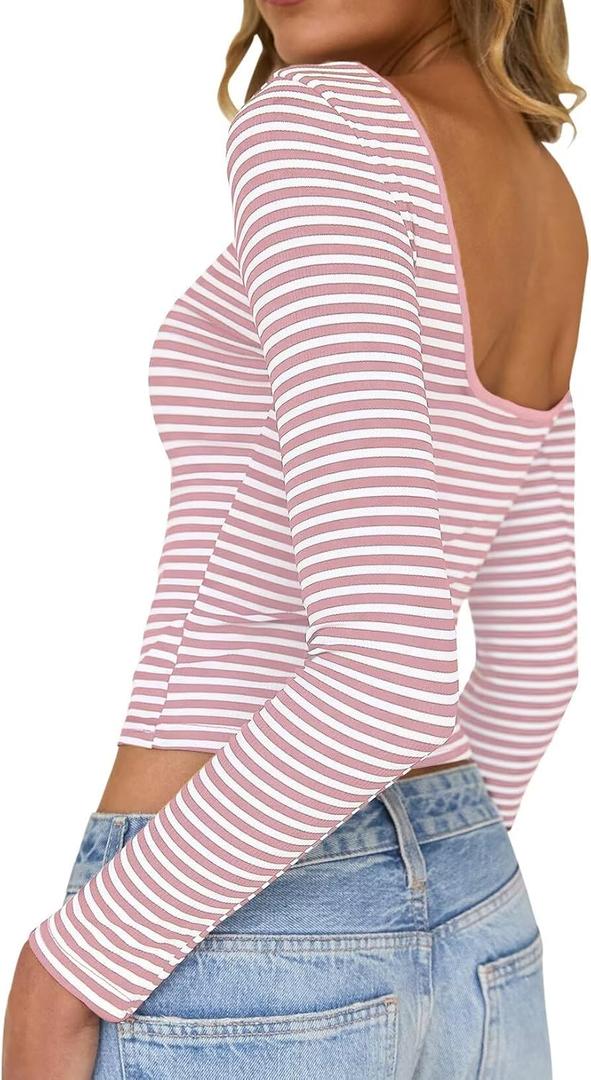 Long Sleeve Shirts for Women Sexy Backless Striped Tops Going Out T-Shirt Y2K Crop Womens Blouse Boat Neck Outfit (Medium, Pink)