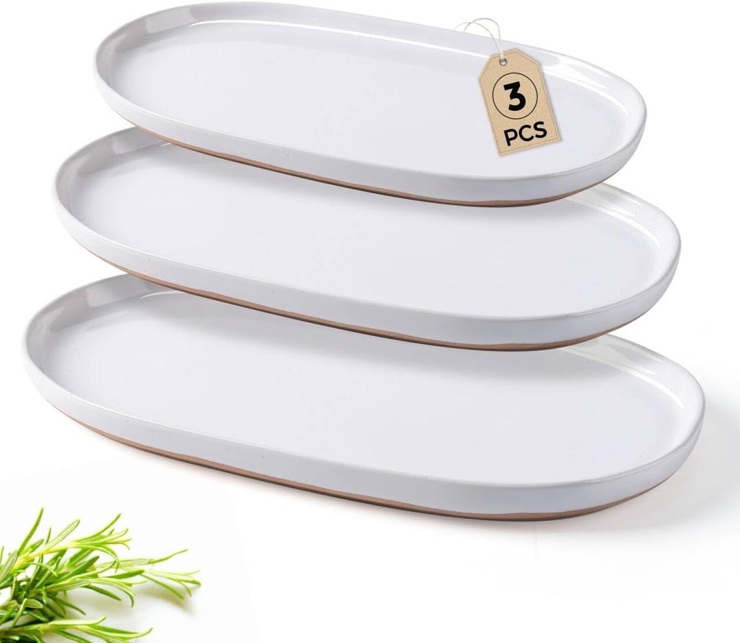 AmorArc Large Ceramic Serving Platter, 15.5"/14"/12.2" Oval Platters Microwave Safe, Serving Trays for Wedding, Stoneware Serving Dish for Entertaining&Party, Set of 3 (White)