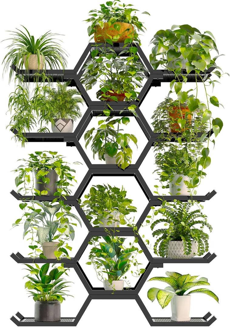 Outdoor Plant Stand Plant Shelf, 5-Tier Large Heavy Duty Metal Plant Stand for Multiple Flower Planter Holder, Waterproof Plant Rack for Living Room,Balcony,Garden,Patio,Black (Black)