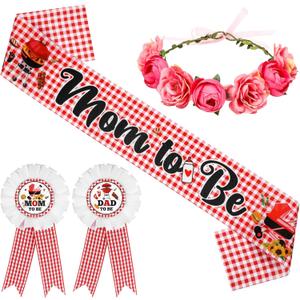 BBQ Theme Baby Shower Sash Mom to Be Sash and Dad to Be Pin Flower Crown for Gender Reveals Party Baby Shower Party Favors Decorations for Pregnancy Props Boys Girls Gift