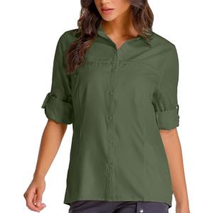 Womens Fishing Safari Shirt Sun Protection Hiking Shirts Quick Dry Lightweight UPF 50 Long Sleeve for Travel Outdoor Camping (3X-Large, Army Green)