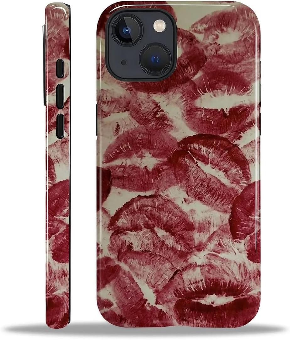 DAIZAG Compatible with for iPhone 13/iPhone 14 Case,L2 Love Red Kisses Dual Layer Shockproof Protective Hybrid Case