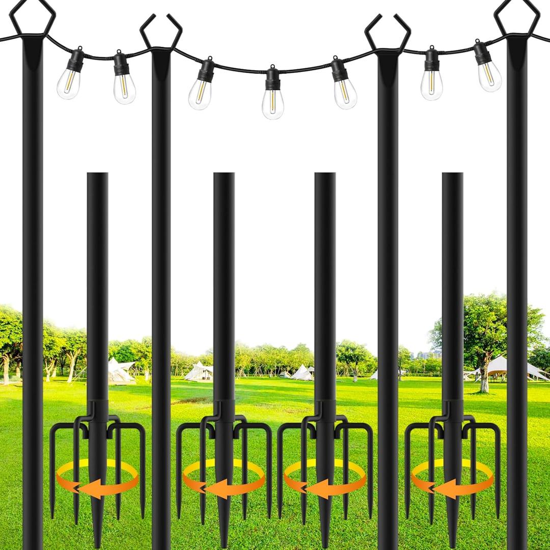 SINLEY 4 Pack String Light Poles,10 Ft Metal Poles with Fork for Outdoor String Lights,Outdoor Light Poles with Fork,Poles/Post/Stand for Outside,Patio,Deck,Backyard,Garden Wedding,Party, Black