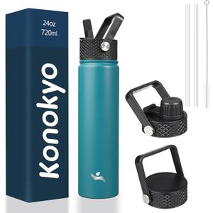 Insulated Water Bottle 24oz Stainless Steel Sport Bottles with 3 Lids,Light Blue