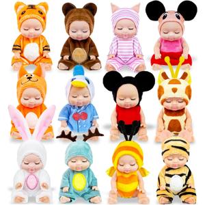 12 Pcs Mini Baby Dolls,4 inch Lifelike Realistic Tiny Baby Dolls with Animal Clothes,Cute Baby Doll Gifts for Girls Kids Birthday Baby Shower
