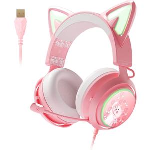 Pink Gaming Headset GS510, Wired, Over Ear, Cat Ear Design with RGB Lighting, 7.1 Surround Sound, Retractable Mic, Compatible with PC, PS4, PS5